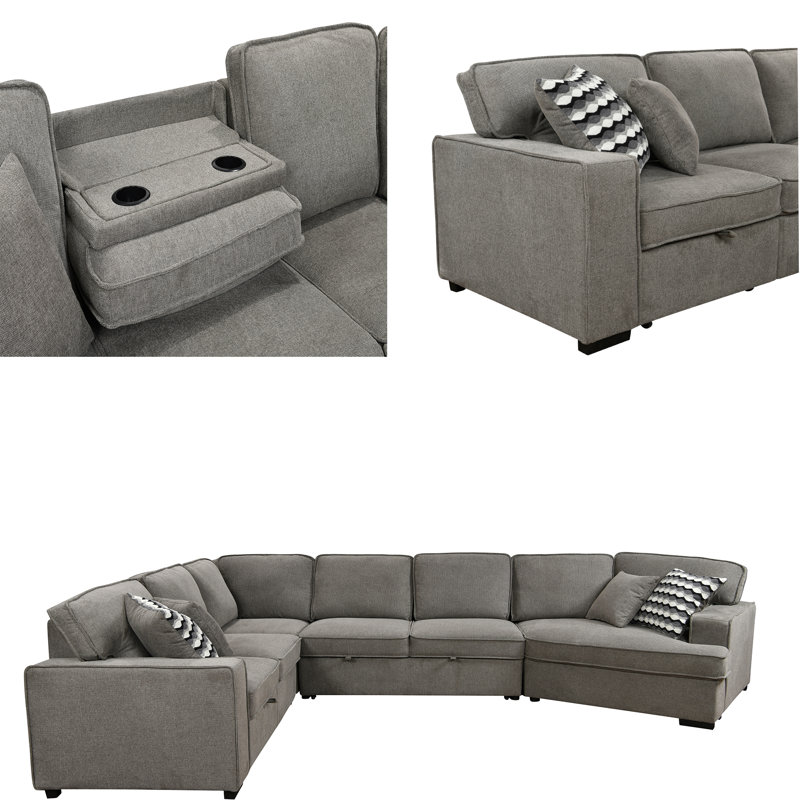 Daishae 3 - Piece Upholstered Sectional, Light Grey Polyester
