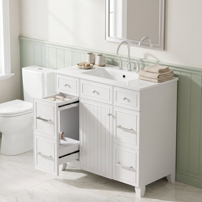 Meuble-lavabo autoportant standard en bois massif 36 po 36 po, blanc, avec lavabo en céramique, portes à fermeture en douceur, tablettes réglables, 5 tiroirs et tiroir de rangement pour sèche-cheveux à double profondeur
