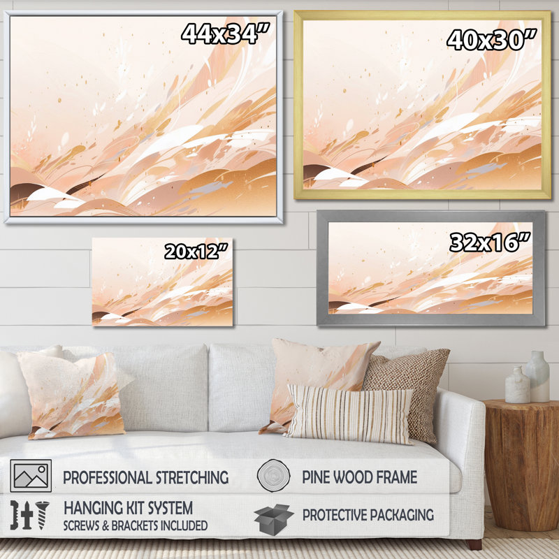 Beige abstrait symétrique sur toile, Encadrement doré, H 16 po x l 32 po x P 1 po
