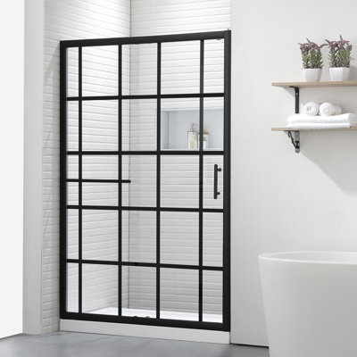 Cyrus 48" W x 72" H Single Sliding Aluminum Framed Black-Grid Shower Door with Tempered Glass and Protective Coating Treatment