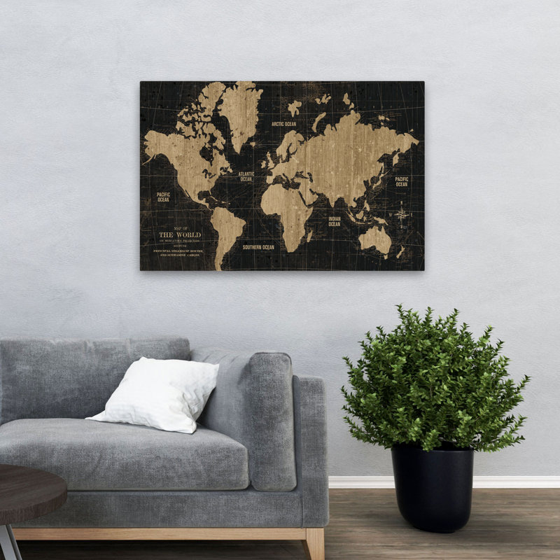 Carte de l'Ancien Monde or noir - Afrique Antarctique Océan Arctique Asie, H 48 po x l 32 po
