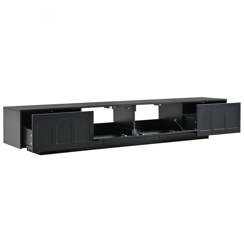 TV Stand Media Console With Fluted Tempered Glass Doors, Black