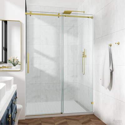 60x72" Fixed & Sliding Shower Door, Square Tube Hardware, Clear Glass Shower Door, 3/8″ (10mm) SGCC Tempered Glass, Stainless Steel, Brushed Gold