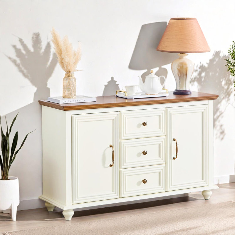 Buffet 47,3 po Mid-Century avec 2 portes, 3 tiroirs et tablettes réglables, Brun / Blanc