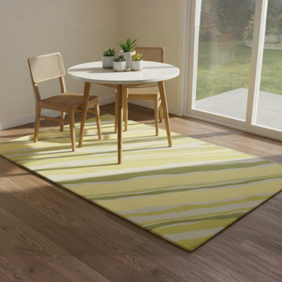 Tapis moderne en laine à rayures touffetées à la main vert, jaune et gris Ailey