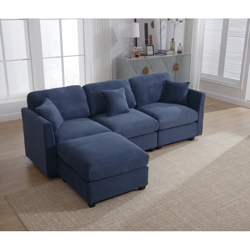 Bustamante 4-seats L-shape Sofa Couch With Ottoman, Dark Blue