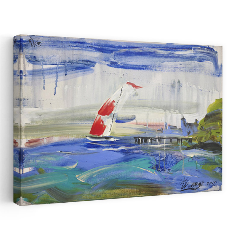 Voile sur une eau bleue abstraite colorée, paysage côtier impressionniste, art mural, H 40 po x l 60 po