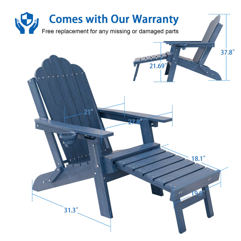 3-Postion Adjustable HDPE Adirondack Chair with Ottoman, All-Weather Folding Patio Chair with Cup Holder for Outdoor, 350lb Capacity