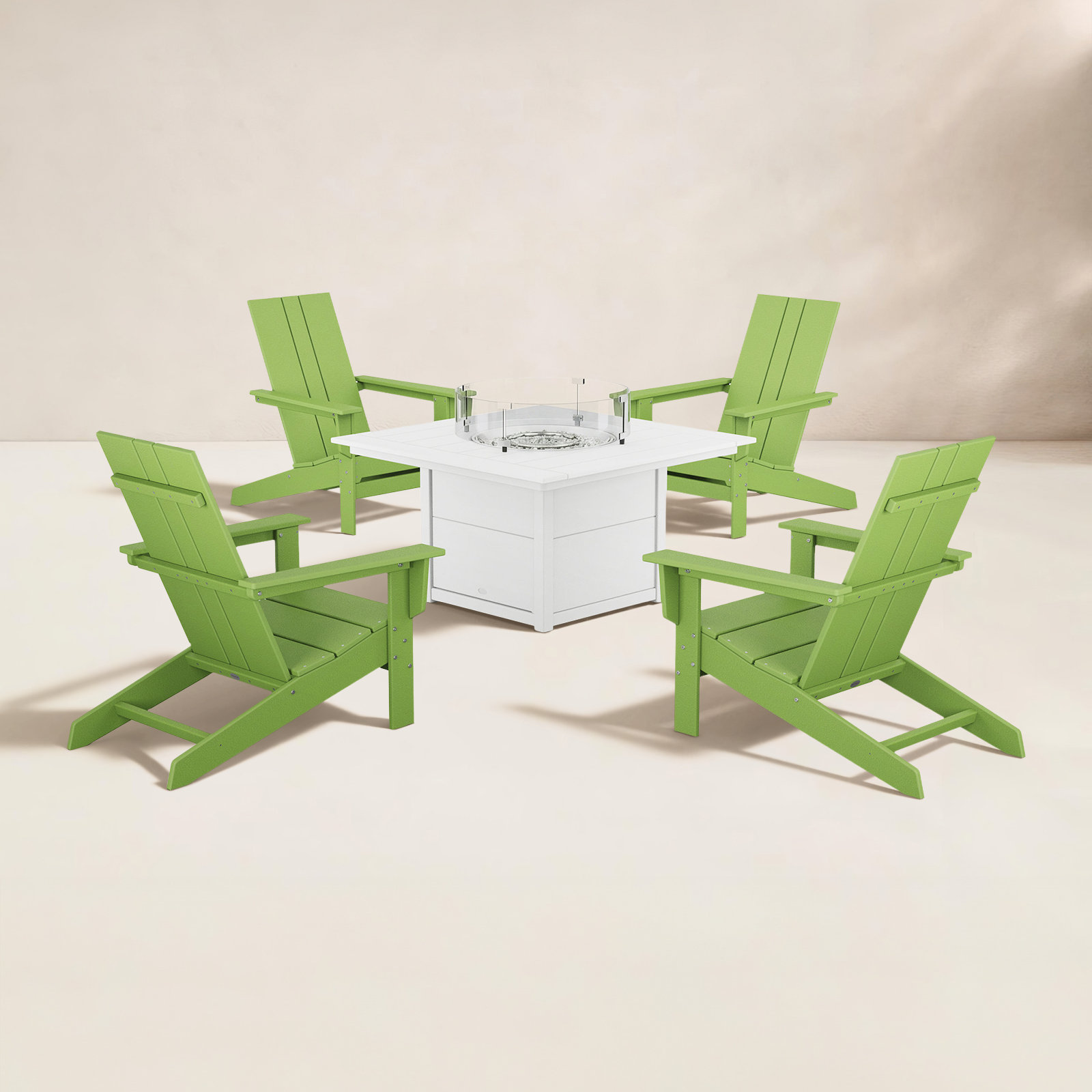 POLYWOOD® x AllModern 4-Person Adirondack Patio Seating Group with Fire Pit Table, Lime/White