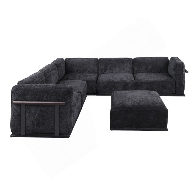 Canapé modulaire à la mode de 120 po avec cadre en fer et en chenille, noir, idéal pour le salon, Noir