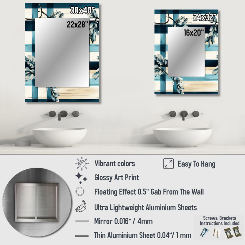 Bansemer Nautical Vintage Floral Stripes - Plaid  Large Wall Mirror, Plaid Unique Mirror, Printed Metal Art, 40" x 30"