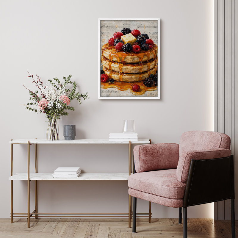 Berry Pancake Dessert Framed Wall Art Prints - Sweet Breakfast Food for Kitchen Dining Room, H 10 po x l 8 po, Blanc