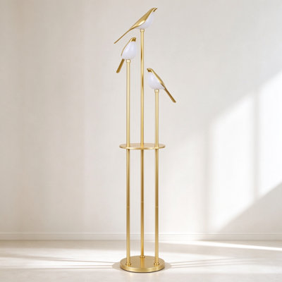 Lampe sur pied à DEL réglable en forme d'oiseau à DEL, lampe sur pied en métal doré avec tablette décorative
