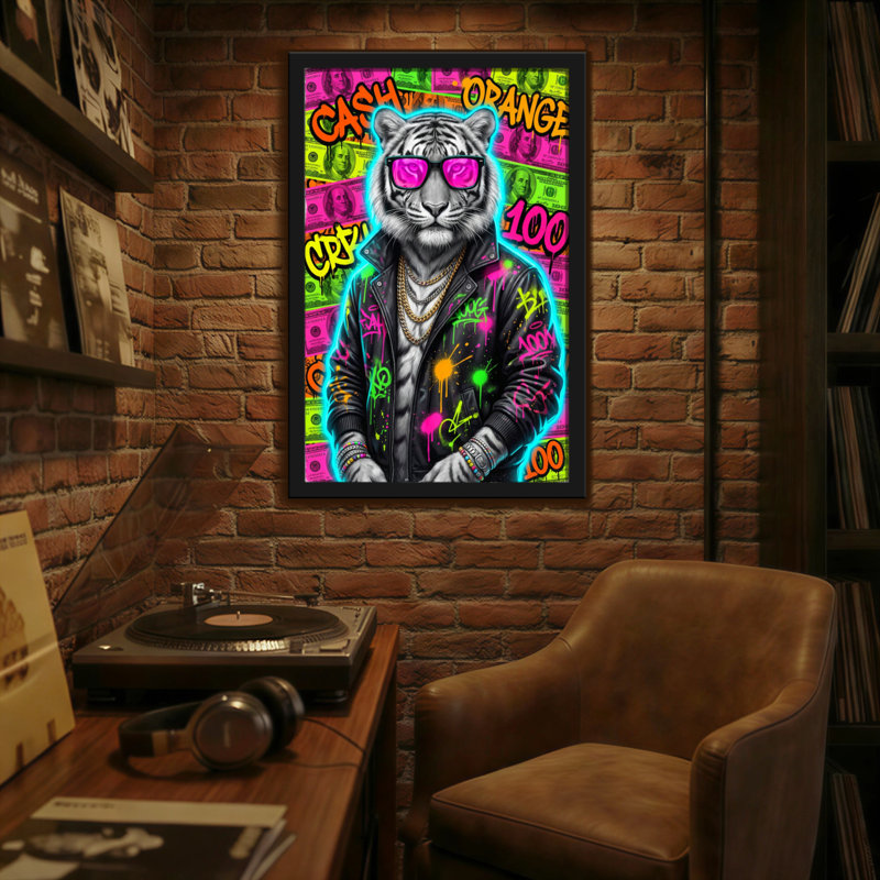 Animaux, tigre coloré avec lunettes de soleil et fond d'argent, H 18 po x l 12 po