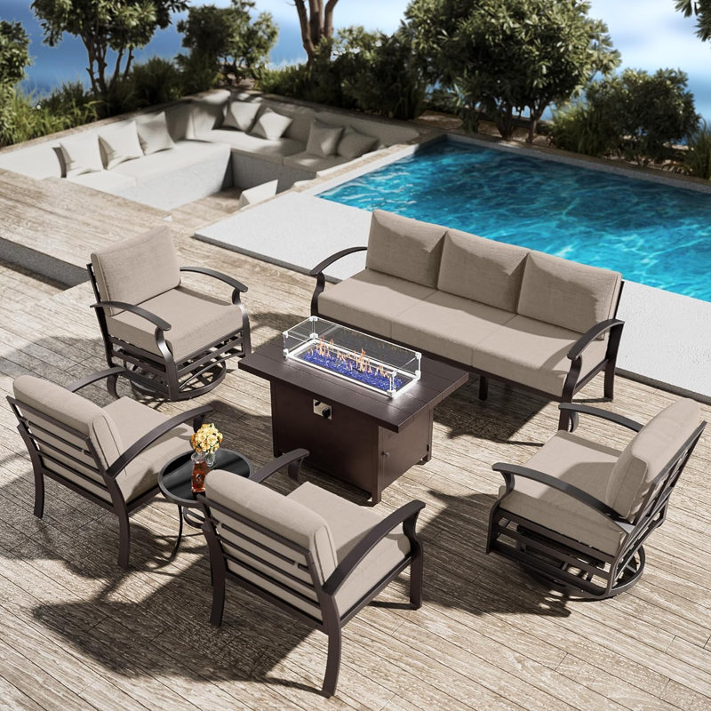 6-Piece Outdoor Patio  Furniture Aluminum Conversation Set Swivel&Glider Armchair With LP Fire Pit Table, Tan