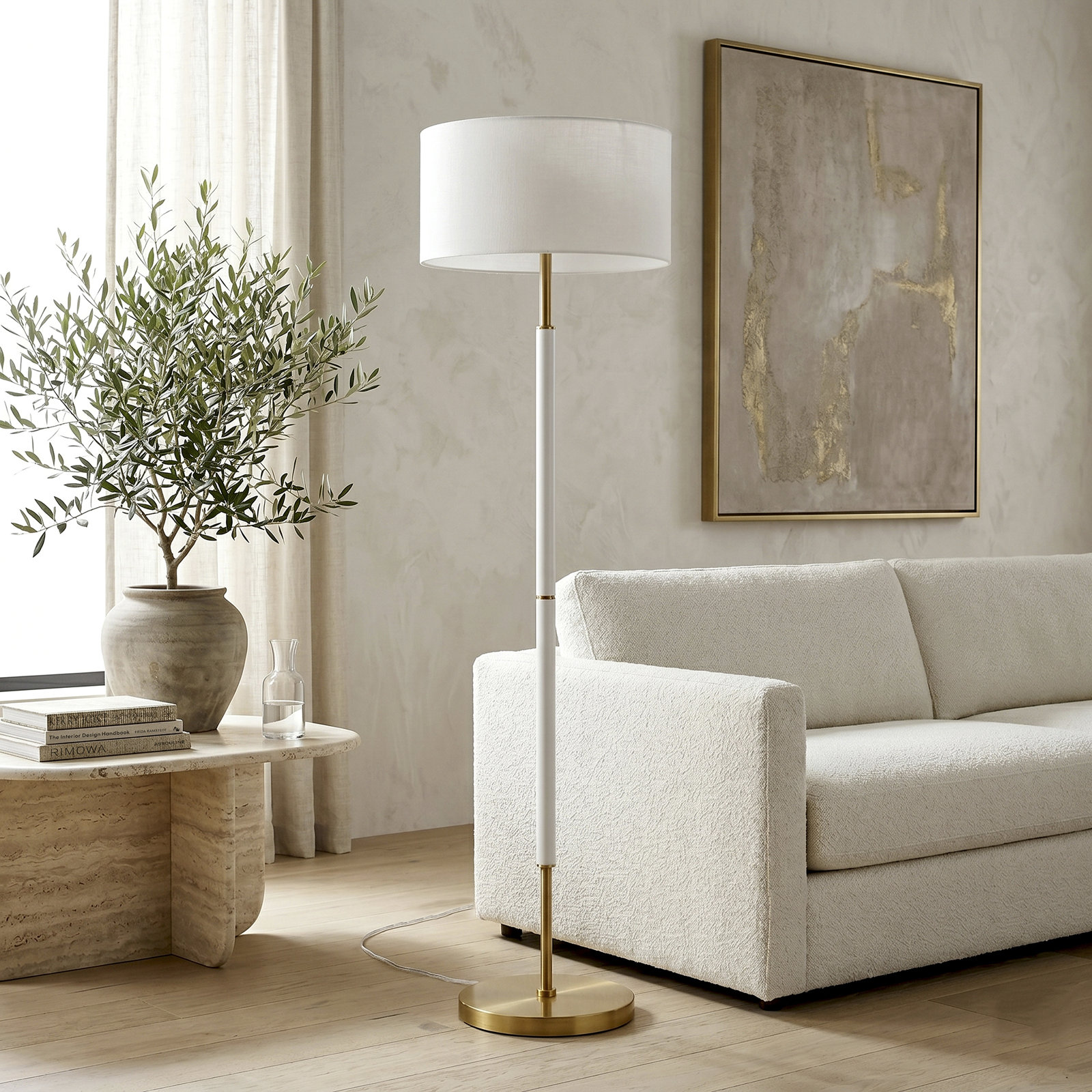 Olie 61" Floor Lamp, Matte White/Brass