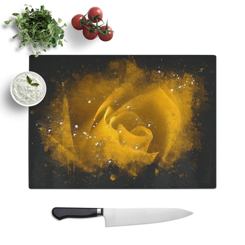 Tempered Glass Golden Rose Flower Chopping Board, 20 cm x 28.5 cm