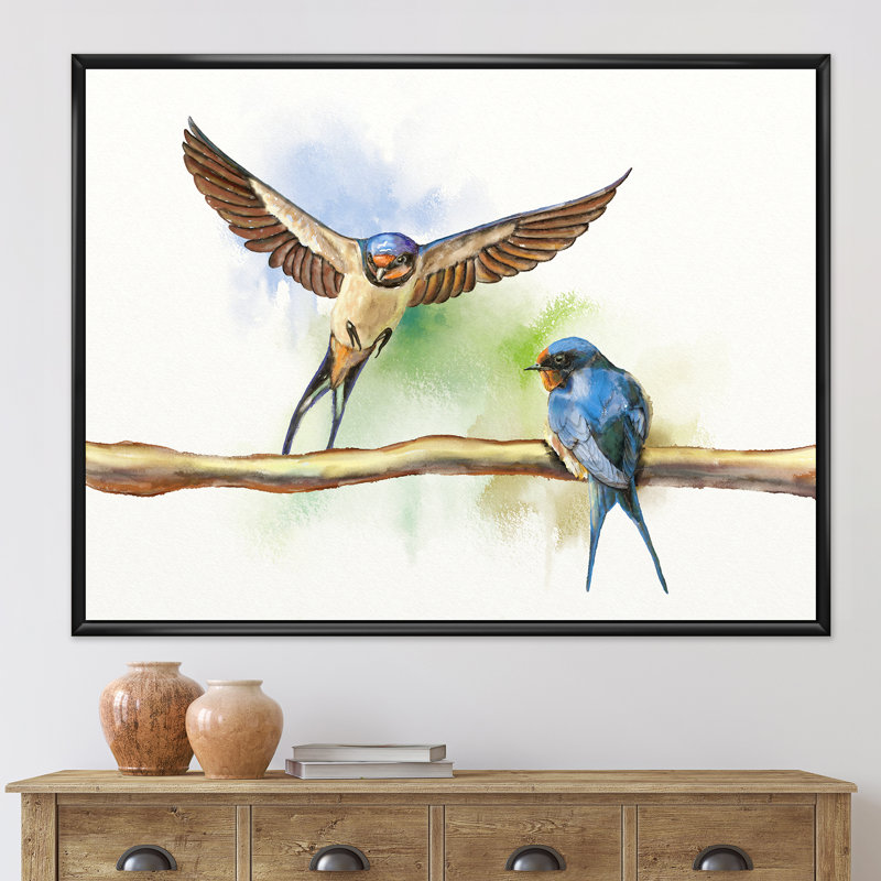 Deux granges, hirondelles - peinture sur toile, H 24 po x l 32 po x P 1 po, Cadre noir