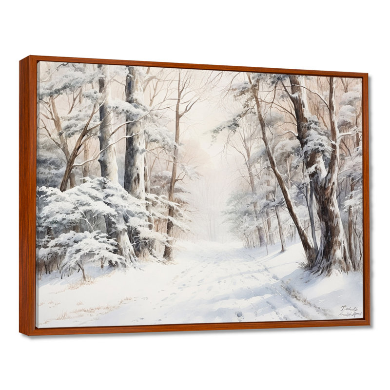 Hiver, forêt, charme de neige, paysage - neige, art mural, H 30 po x l 40 po x P 1,5 po, Cadre flottant brun