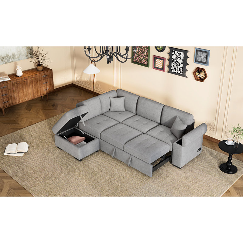 Gray Velvet Sectional With Charge & , Stylish Living Room Furniture Sleeper Armrest Storage Charge, Upholstery, Gray Velvet