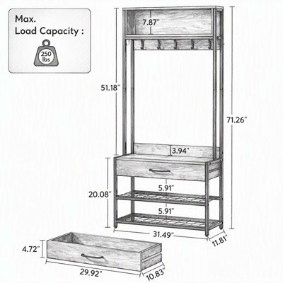 Porte-manteau rustique-industriel avec patères, tiroir de rangement, étagère à chaussures à 2 niveaux et tablette supérieure, banc d'entrée autoportant pour hall d'entrée, couloir, chambre