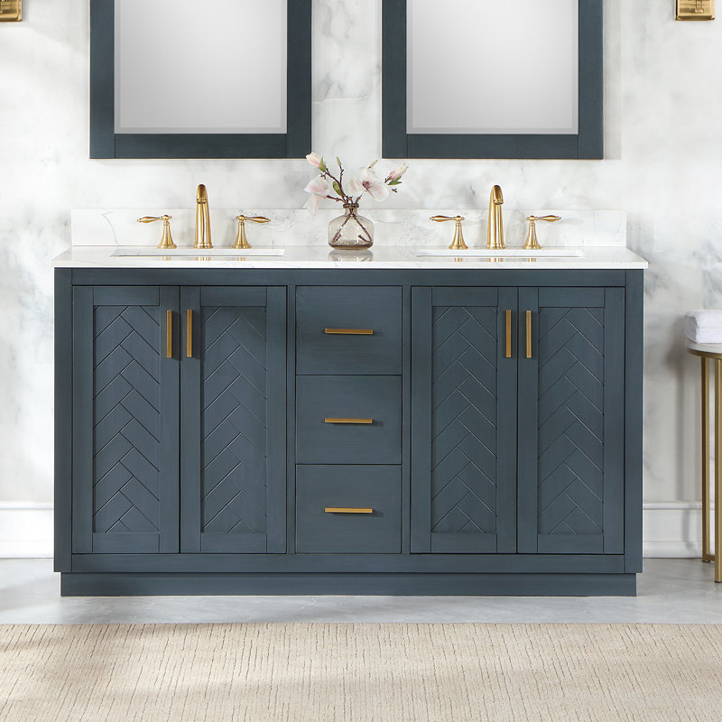 Ensemble de meuble-lavabo double 60 po avec comptoir en pierre d'ingénierie blanche sans miroir Gazsi, Bleu gris anthracite