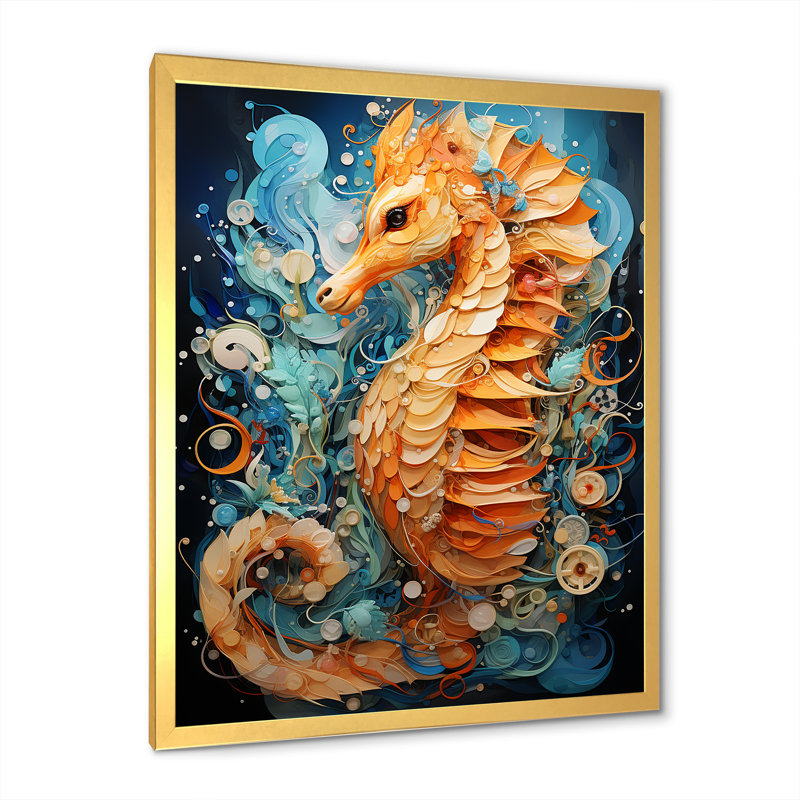 Hippocampe orange et bleu Symphony 1, Cadre doré simple, H 20 po x l 12 po x P 1 po
