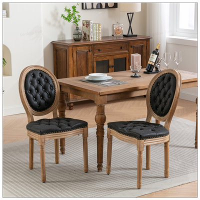 French Style Solid Wood Frame Antique Painting Dining Chair Set, Hand-pulled Buckle, PU Leather, Nailhead Trim, Set of 2