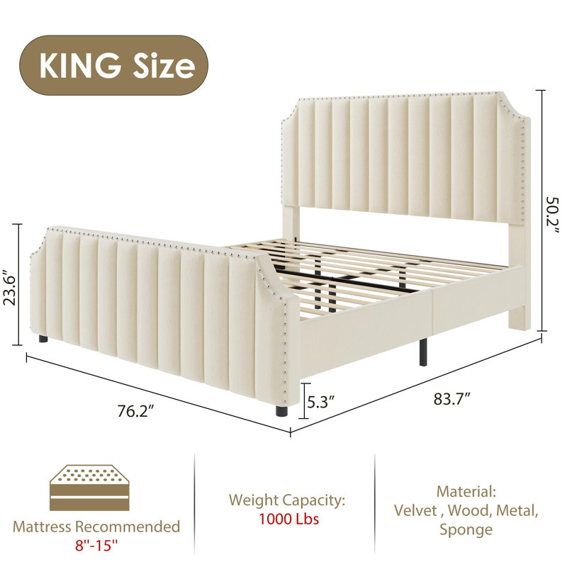 King Size Velvet Upholstered Bed Frame with Tufted Headboard & Footboard, Nailhead Trim, No Box Spring Needed, Beige, King