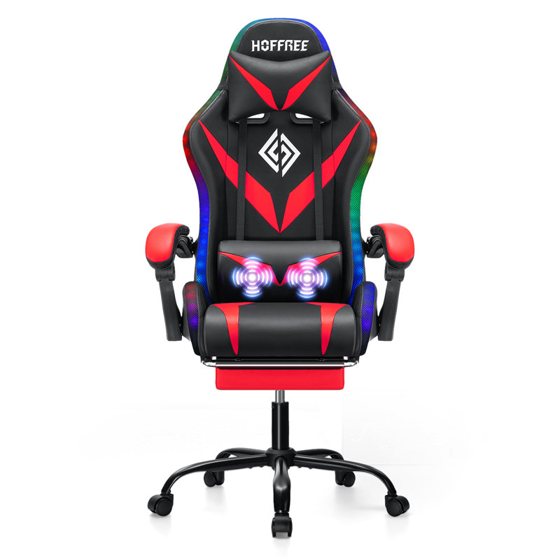 HOFFREE Gaming Chair With LED RGB Lights Massage Video Gamer Chairs With Footrest Ergonomic High Back Reclining Computer Chair With Adjustable Lumbar Support