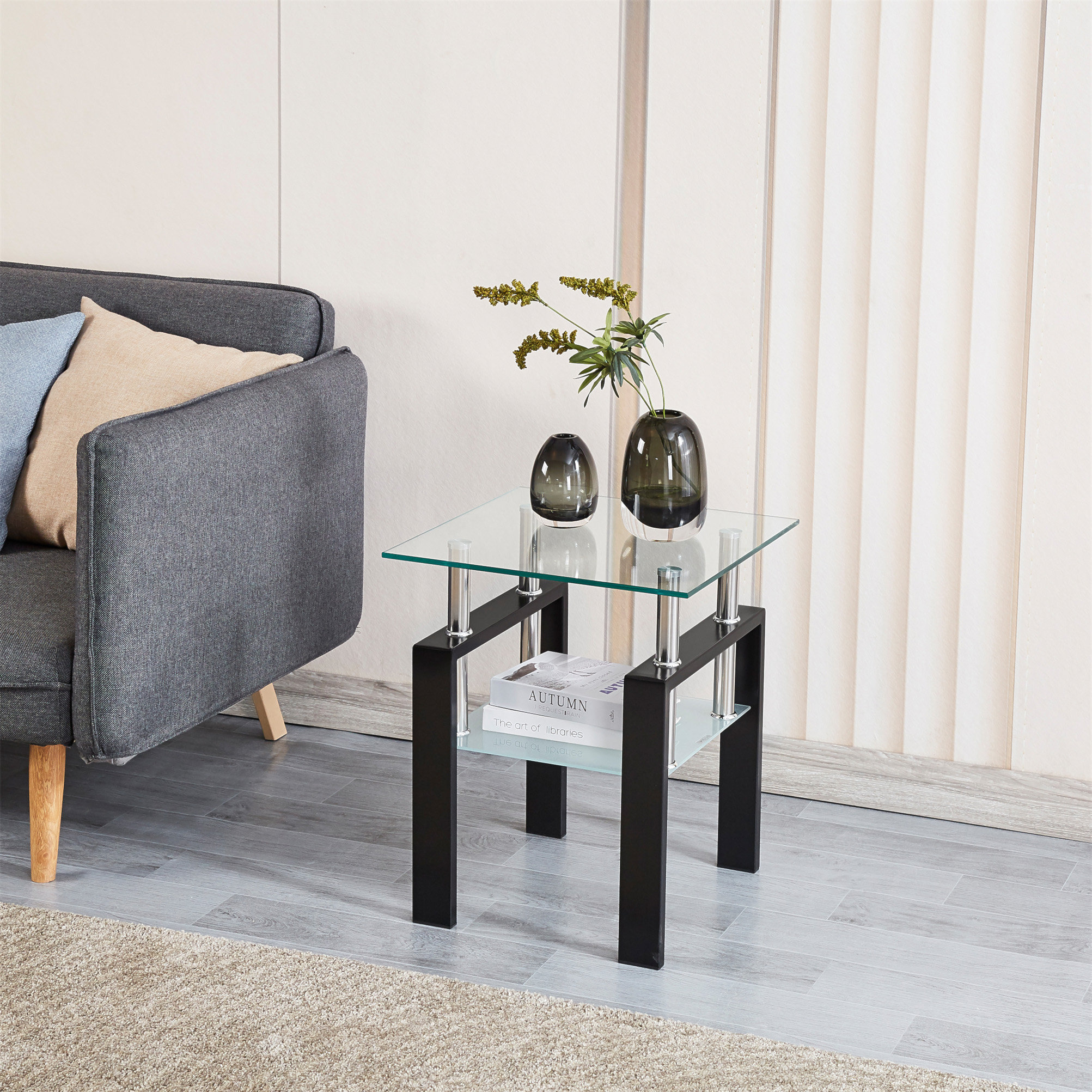 Ebern Designs Tempered Transparent Glass End Table, 2-Layers Small ...