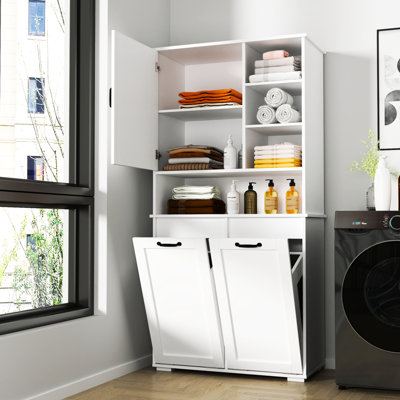 White Cabinet For Laundry - Doors, Shelf, Tilt-Out Hamper, Ample Storage, Freestanding, Adjustable Shelf Freestanding Hamper Multiple