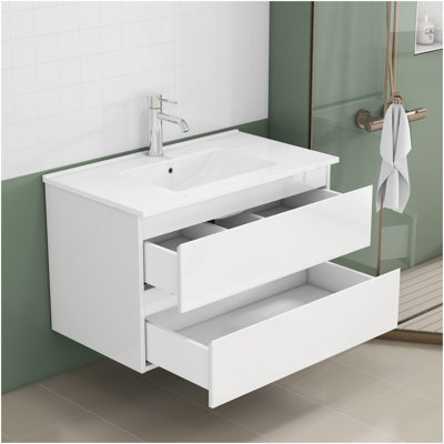 Meuble-lavabo de 31,5 po avec lavabo combiné, armoire avec 2 grands tiroirs, système de fermeture en douceur, 2 grands tiroirs, conception sans poignée, assemblage facile, blanc brillant