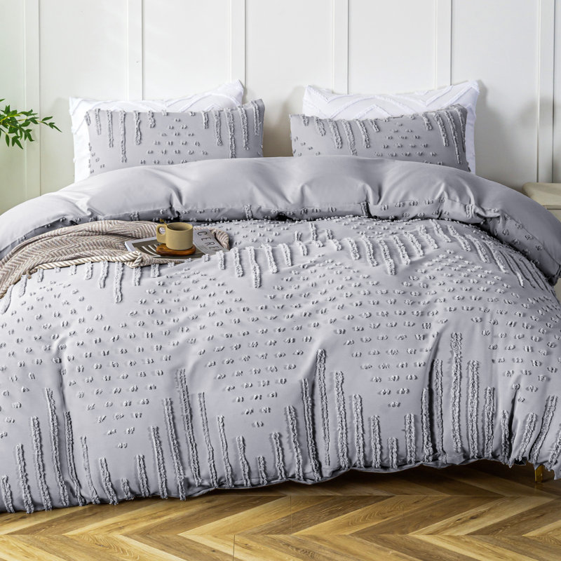 Tufted Bohe Duvet Cover Set Beddings , Gray Geometric Shapes, King Duvet Cover + 2 Standard Pillowcases