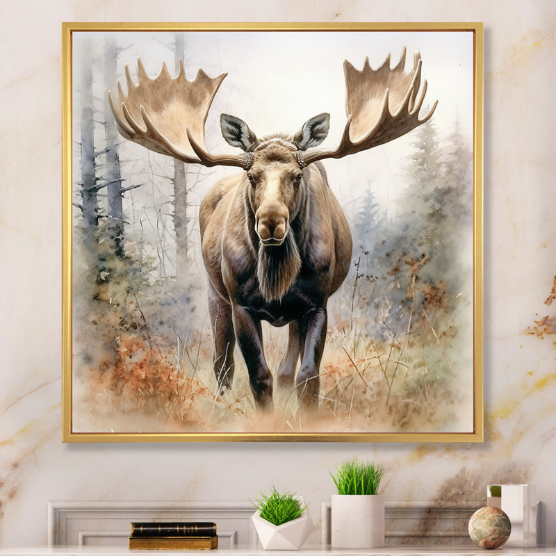 Moose Serenity II - Animals Canvas Art Print, 24" H x 24" W x 1" D, Gold Floater Framed