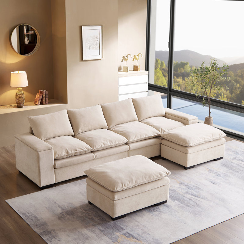122" U Shaped Sofa,Modular Sectional Sofa, Terry Fabric Sectional Couch With Armrest Storage, Beige Velvet/Teddy
