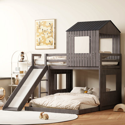 Wooden Twin Over Full Bunk Bed, Loft Bed With Playhouse, Farmhouse, Ladder, Slide And Guardrails