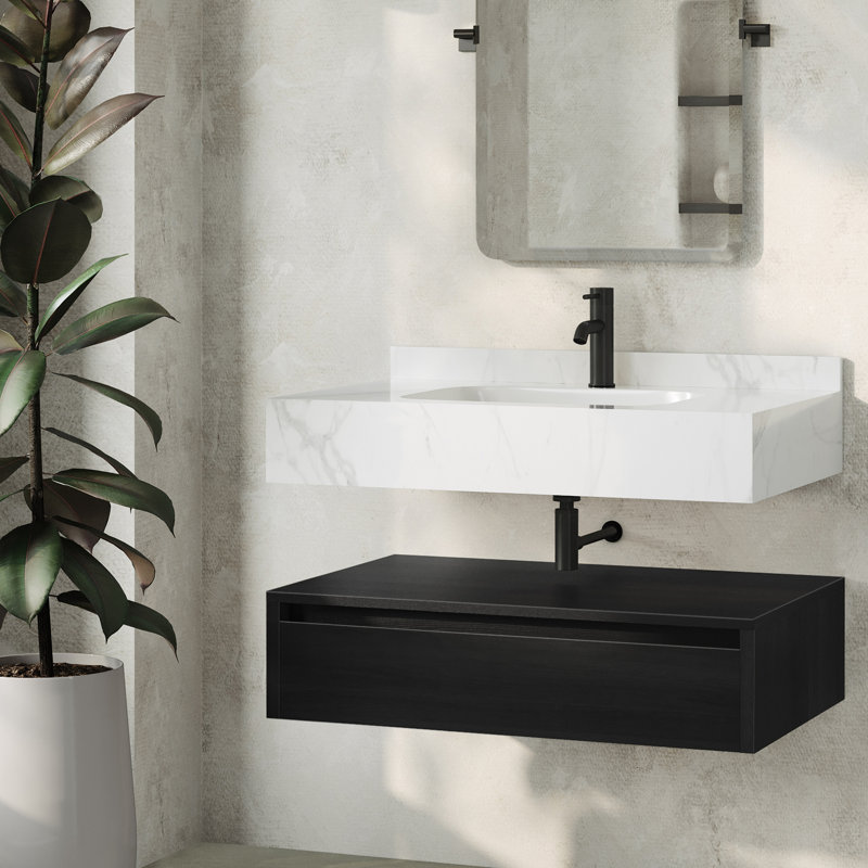 Meuble-lavabo mural 36 po avec plateau en marbre blanc Avancer, Noir, noir, noir, noir