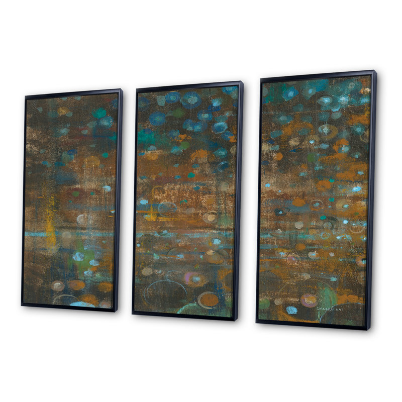 «Blue and Bronze Dots On Glass III - Cabin & Lodge», ensemble de 3 toiles encadrées, 20" H x 36" W x 1" D, Cadre noir