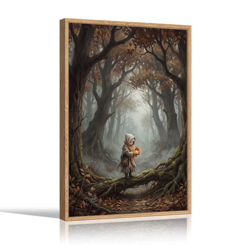 Personnage encapuchonné avec lanterne dans une forêt brumeuse - Toile murale d'Halloween, 24"H x 18"W