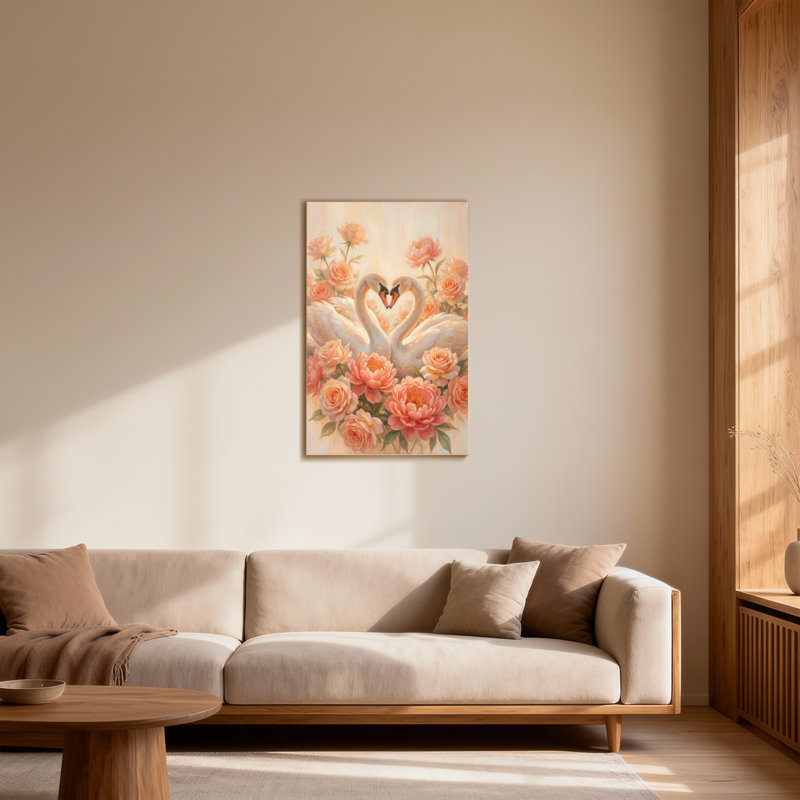 Les cygnes de la Saint-Valentin forment un cœur au milieu de roses et de fleurs, H 18 po x l 12 po