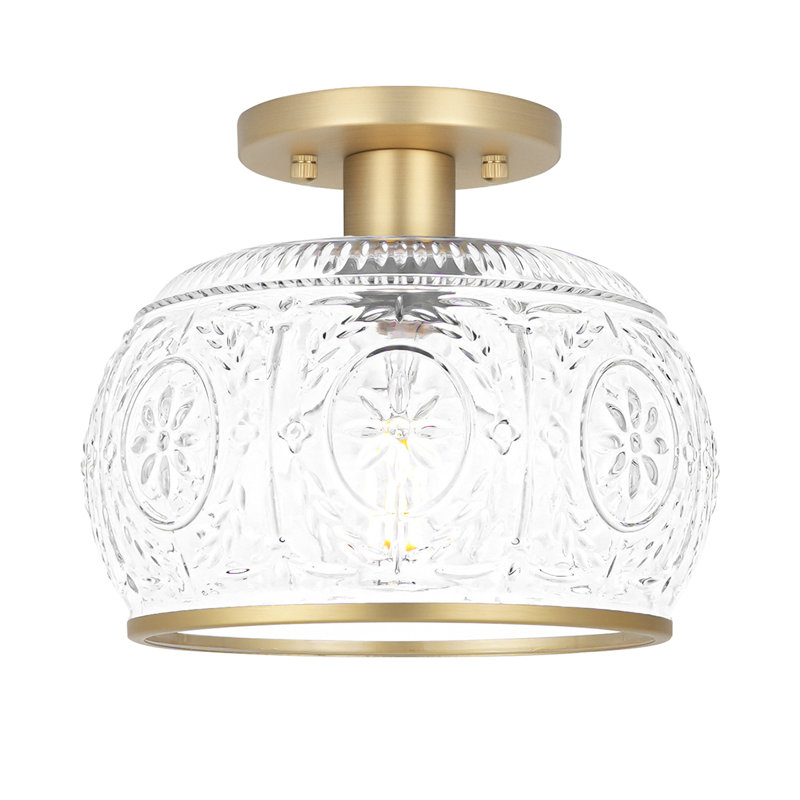 Gold Semi-flush Mount Ceiling Light With Etched Glass Globe, Vintage Industrial Antique Brass Finish For Low Ceilings, Brass