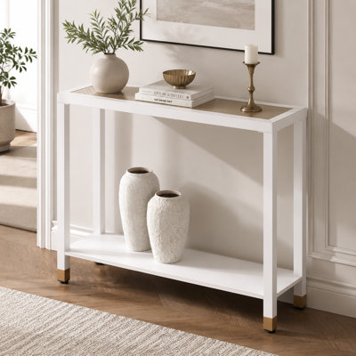 Table de contrôle étroite à double couche en or blanc, table d'entrée en verre trempé de 41,04 pouces avec tablette inférieure, une table décorative derrière le canapé du vestibule.