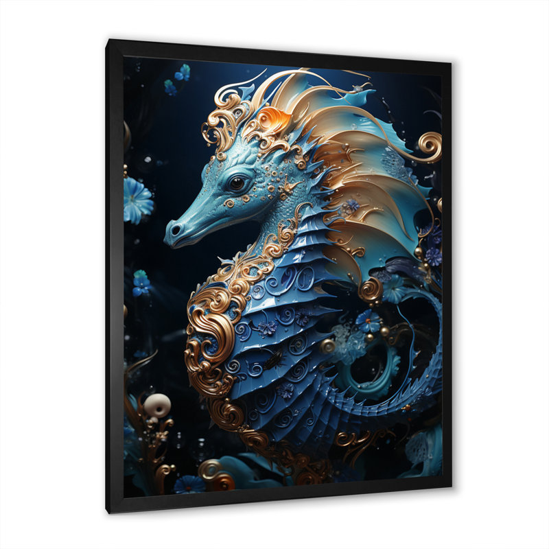 Sapphire Seahorse Delicate Drips II - animaux, impressions sur toile, Cadre photo noir, L 12 po x H 20 po