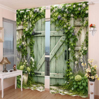 2 PCS avec œillets, barrière de jardin en bois rétro, vignes en polyester imprimées, rideaux obscurcissant et isolant, occultant et isolant