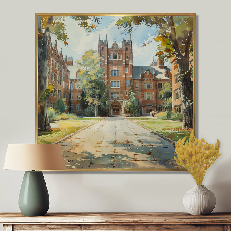 Hall principal du Campus du Collège en Angleterre - salon d'art et de bâtiments collégiaux, Toile avec cadre flottant or