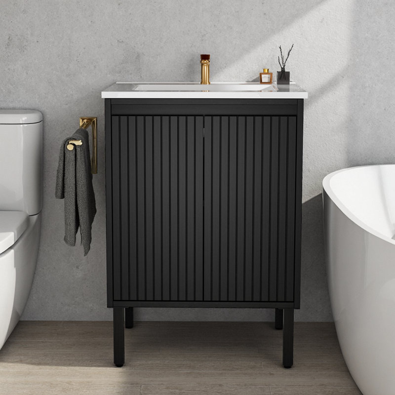 Meuble-lavabo de 24 po avec lavabo blanc, conception sur pied, tiroirs à fermeture en douceur, grand espace de rangement