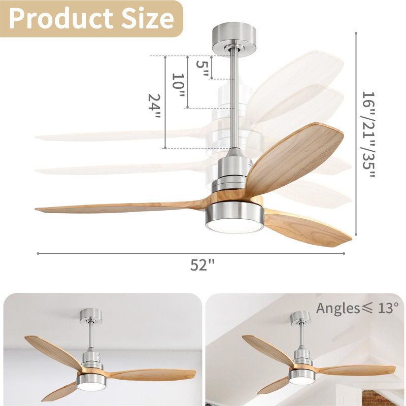 Kemp 52" 3-Solid Wood Blade Propeller Modern Ceiling Fan With LED Lights, Remote, Nickel with Solid Blades