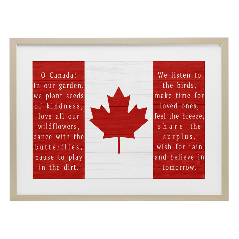 «Red Canadian Anthem Flag», reproduction sous verre encadrée, design par Lil 'Rue, H 14 po x l 20 po, Cadre de récolte en pin