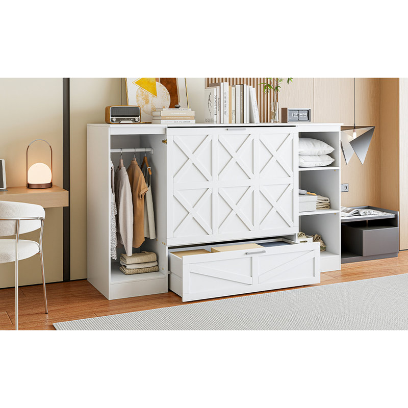 Lit simple avec rangement de chevet et garde-robe - blanc, taille d'espace dans les tablettes latérales blanches - Assemblage facile